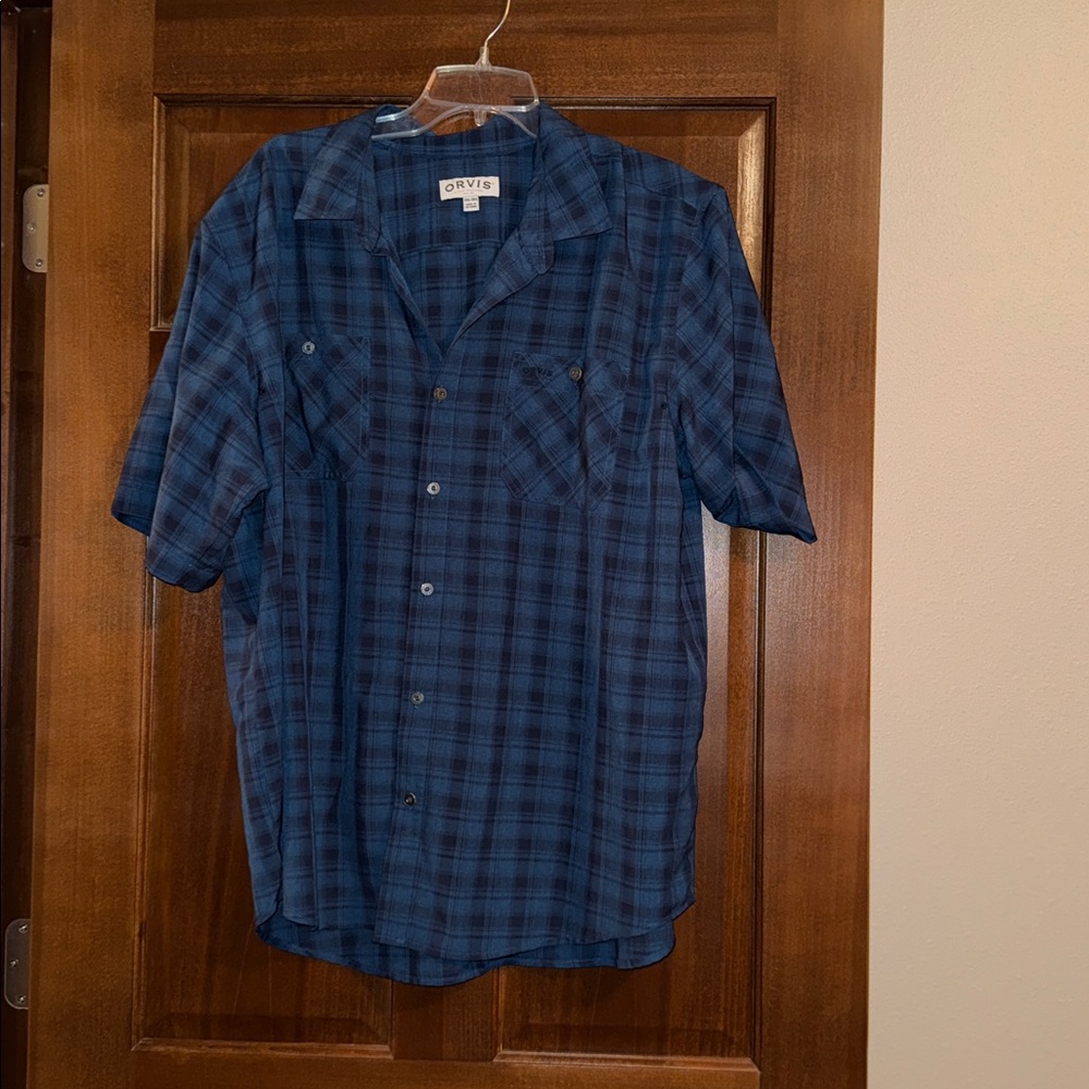 Orvis Men's Navy Checkered Button Down Shirt